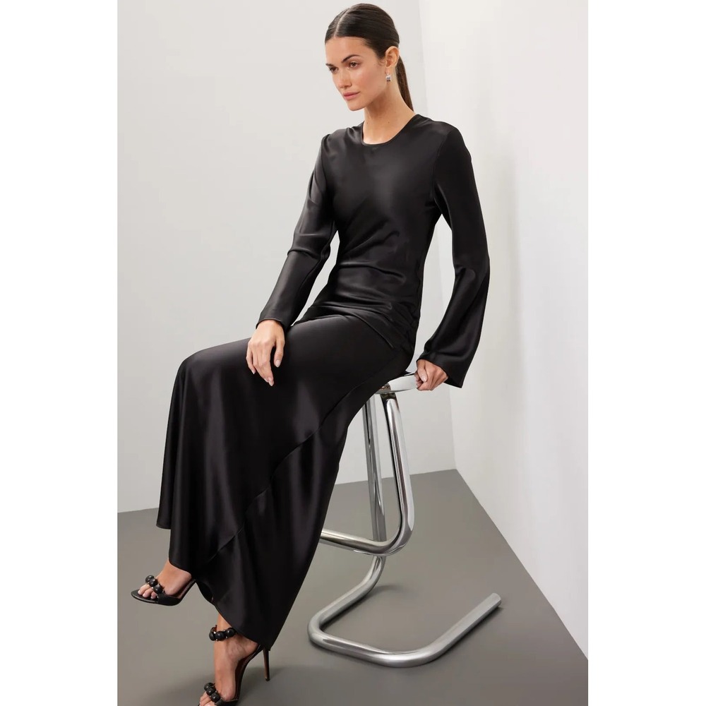 Delfi Collective Black Satin Long Sleeve Maxi Dress Gown